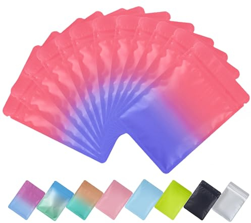Plaphy 100 Sacchetti Mylar in Alluminio Richiudibili(Rosa e Viola, 12x20cm) | Buste Mylar con Zip Ermetiche per Alimenti, Bustine Opache Piatte per Confezionamento, Conservazione,Vendita al Dettaglio