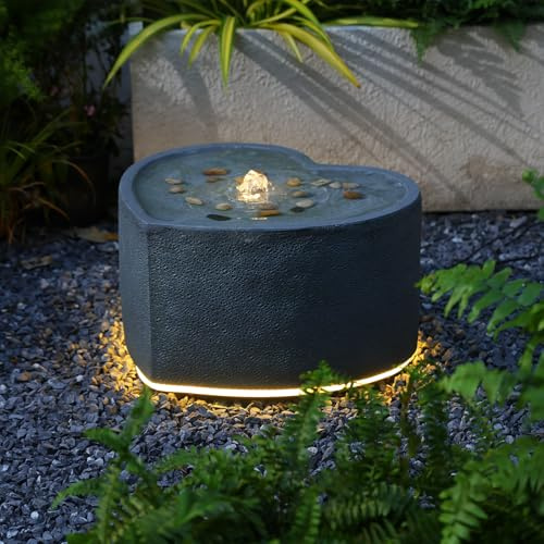 Bumilgar 26cm H Love Shape Water Feature Outdoor&Indoor, Garden Water Fountain with LED Lights,Valentine's Day Gift, Patio, Terrace, Backyard, Deck, Porch, Gray