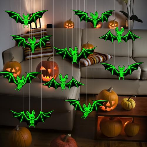 YceLon 10 Stück Halloween Fledermaus Deko, Leuchtende Fledermaus Deko Für Halloween Party, Outdoor Und Indoor Halloween Dekoration, Einfache Installation Mit Doppelseitigem Klebeband
