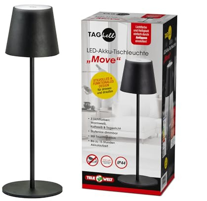 TELE WELT Tag hell LED Tischleuchte [3 LICHTFARBEN] Tischlampe - kabellos - akkubetrieben - Nachttischleuchte - LED - dimmbar - Touchfeld - modern