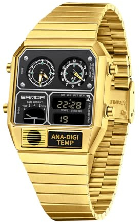 Retro Square Digital Watch with Temperature Display Unisex 7.5Inch Analog 3 Time Zones Luminous Backlight 50M Waterproof Alarm Stopwatch Week/Date (Gold Black)