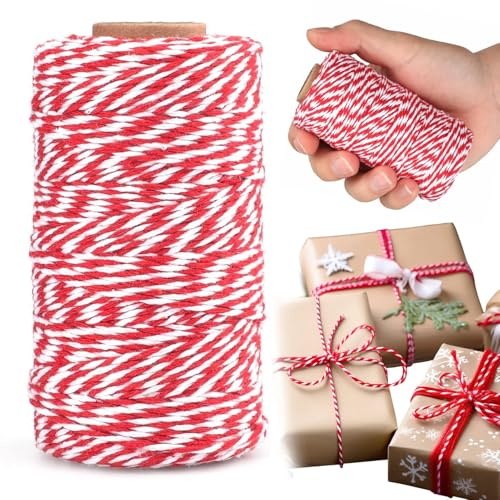 100m rote weiße Baumwol-lschnur, 2mm Weihnachtsschnur, Geschenkschnur zum Einwickeln von Geschenken, Schnur zum Backen für Handwerk, Geschenkverpackung, Gartenarbeit, Weihnachtsdekoration