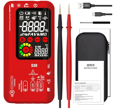 S30 USB Charge LCD Color Screen Digital Multimeter Infrared Thermometer True RMS 15V Diode AC DC Voltage Current Tester Accurately Measure(Red S30)