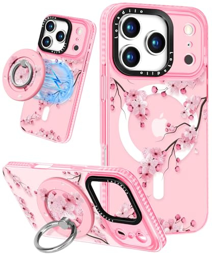 Lotadilo Case for iPhone 17 Pro Max Case Compatible with Magsafe Ring Holder Stand - for Women Peach Blossom Design TPU Phone Cover for Girls Girly Funny Fashion