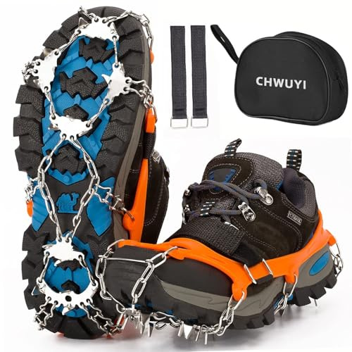 Grödel Steigeisen für Wanderschuhe, Spikes für Schuhe Winter Steigeisen Bergschuhe mit 19 Zähne Verdickte Schuhkrallen aus Anti-Rutsch Schuhspikes für Walking, Joggen (Orange, M)