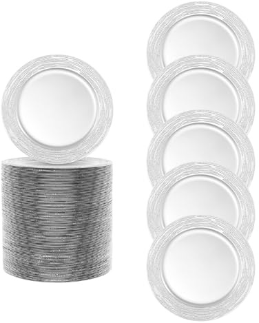 Dlinanta 100 Pcs Antique Charger Plates, 13 Inch Round Decorative Dinner Plates Chargers for Wedding, Party, Rustic Table Setting, Spray-Painted PP Plastic Underplates (Silver)