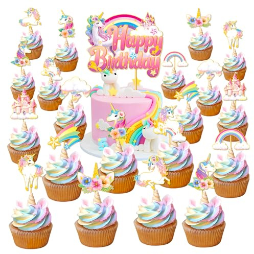 Ovanda 21 Stück Einhorn Tortendeko, Mädchen Einhorn Muffin Deko, Cupcake Deko Mädchen, Kinder Geburtstag Unicorn Kuchendeko, Unicorn Dekos Torte für Geburtstag Party, Einhorns Cupcake Topper Mädchens
