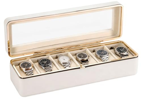 SUNNYNEST Watch Box 6 Slots Watch Case with Glass Lid Watch Display Storage Box for Men and Women Removable Watch Pillows Metal Clasp Synthetic Leather Velvet Lining Watch Box (White)