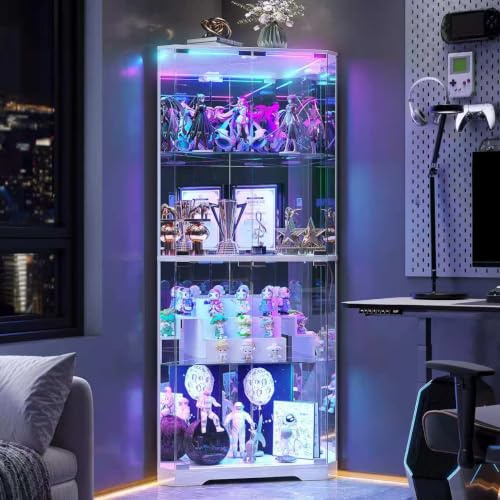 FREDEES 164cm Glasvitrine mit RGB-Beleuchtung & Glastüren | Eckdesign, 4 Ebenen, Intelligente Bewegungssensor, Verstellbare Böden, Für Figuren, Spielzeug & Bücher, Weiß