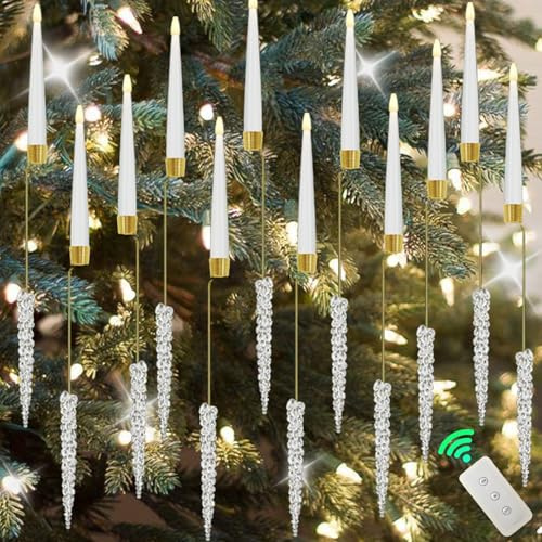 CAKEEYUM 12 velas de árbol de Navidad, velas LED cónicas sin llama parpadeantes con ganchos de cristal, luz blanca cálida para fiesta en casa interior