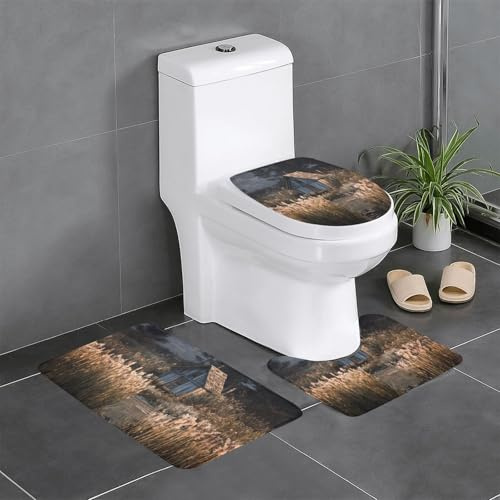 Set di 3 tappeti da bagno WHJSSF 61 x 40,6 cm con stampa piccola cabina accanto alle canne, tappetini antiscivolo per WC, toeletta e copertura, facili da pulire