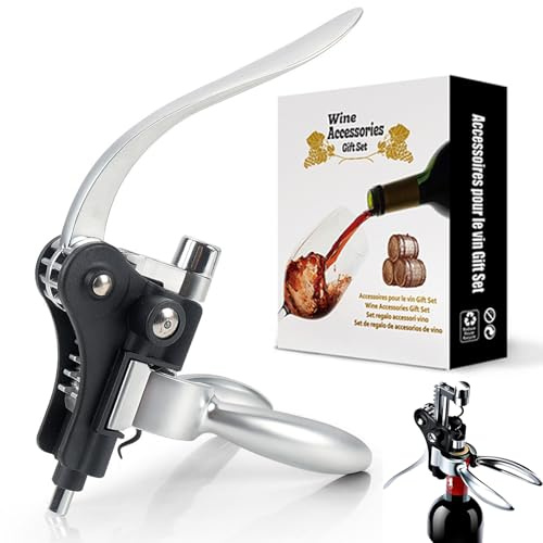 Juego Sacacorchos de Calidad con Cortafoil, Vertedor y Tapón de Vacío, Abrebotellas de Palanca Ergonómico de Aleación de Zinc para Todo Tipo de Tapones, Para Hombres y Amantes del Vino