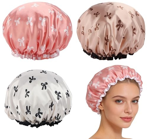 Lot de 3 bonnets de douche double couche, bande double couche étanche avec bord à volants couvrant les oreilles, garde les cheveux au sec, bonnet de cuisine résistant à l'huile pour femme, douche, spa
