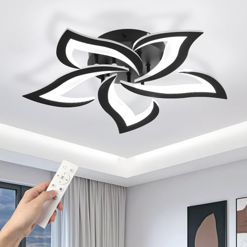 EASY EAGLE LED Deckenleuchte Wohnzimmer Dimmbar, 60CM 48W Schwarz | Deckenlampe mit Fernbedienung 3000k-6500k, Blume Wohnzimmerlampe mit Memory & Nachtlicht für Schlafzimmer Esszimmer