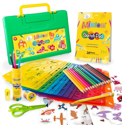 Mimtom Drawing Stencils for Kids | 60 PC Stencil Kit with Over 370 Shapes to Draw Imaginative Children's Stories | DIY Arts & Crafts Set with Animal, Dinosaur, Letter, Flower Stencils