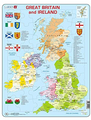 Larsen Puzzles K18-GB Kinder Rahmenpuzzle Politische Karte Großbritannien & Irland, 48 Teile, ab 8 Jahre, Lernspielzeug, Geografie, Konzentration, Spielspaß