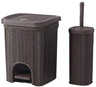Toilet Bin and Toilet Brush Set, Simple Faux Rattan Square Bathroom Set Includes Swing Bin and Toilet Brush Home Living Room Pedal Bathroom Bedroom Office,Brown