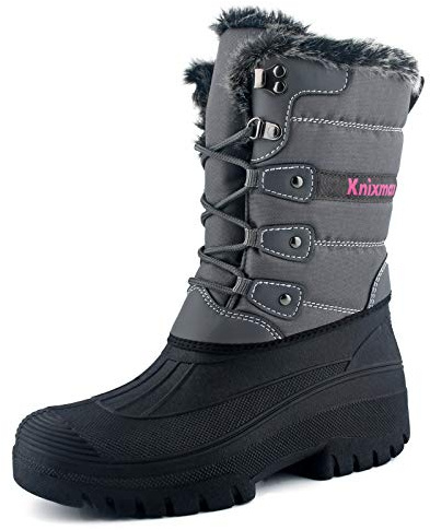 Knixmax Women's Snow Boots Warm Fur Lined Winter Boots Waterproof Non Slip Soles Mid Calf Boots Lightweight Mucker Stable Yard Boots Grey 9UK-42EU