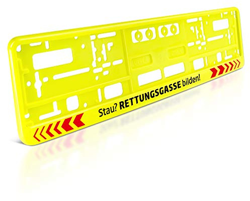 1 Kennzeichenhalter | Stau – Rettungsgasse bilden | Neon-Gelb | TYP D | Nummernschildhalter | Kennzeichen-Halterung | Nummernschild-Halterung | Auto-Schilder Befestigung | Auto-Kennzeichen Rahmen