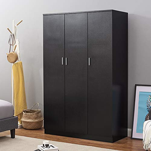 Panana Wooden 3 Door Wardrobe with Shelf and Hanging Rail Modern Clothes Storage Cupboards Unit for Bedroom Furniture W 115.4 * D 50 * H 180cm (Black)