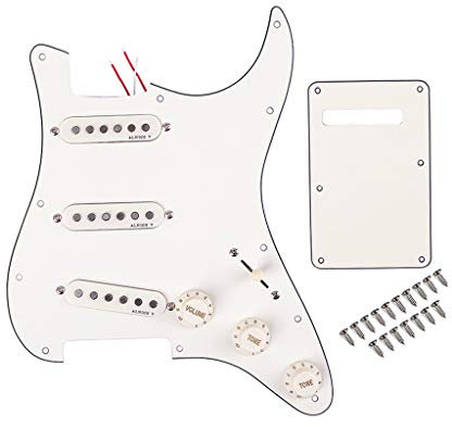 Alnicov 11 Holes Guitar Single Coil Pickups Vorverdrahtetes SSS Pickguard Scratch Plate Set mit rückseitiger Abdeckung für Strat Stratocaster Gitarrenteile, 3-lagig weiß