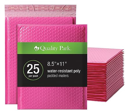 Quality Park Bubble Mailers, 8.5 x 11 Shipping Envelopes, Water Resistant Pink Poly Padded Envelopes, Redi-Strip Peel Off Closure, 25/Box (QUA85861)
