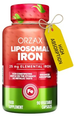 ORZAX Iron Supplement 25 mg -Liposomal Technology- High Bioavailability 90 Vegetable Capsules, Helps New Blood Cell Production, Non-Constipating, Non-GMO & Gluten Free, for Women, Men, Adults