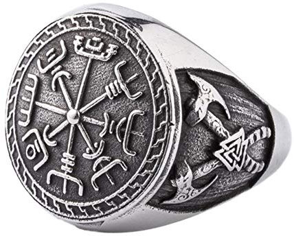 Nordic Viking Kompass Vegvisir Ring, Män Rostfritt Stål Dubbel Yxa Valknut Ringar, Handgjorda Vintage Skandinaviska Odin Symbol Amulett Smycken(08)