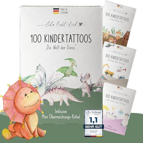 Tattoos für Kinder Dino - 100 Stk., hautfreundlich (6 Bögen) | Hautfreundliche Kindertattoos: Made in Germany, dermatest getestet, BHT- & talkumfrei. Tolle temporäre Tattoos.