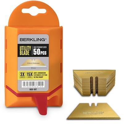 Berkling 50-Pack Titanium-Plated Utility Knife Blades with Dispenser, SK2H Steel Laser-Sharpened Razor Knife Blades Box Cutter, Standard T-Shape Replacement Heavy-Duty Utility Blade Refills