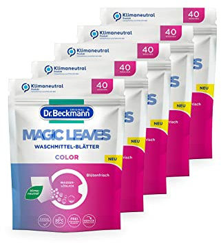 Dr. Beckmann MAGIC LEAVES Waschmittel-Blätter COLOR | vordosierte & wasserlösliche Waschblätter | platzsparend und leicht anzuwenden | 5x 40 Blätter