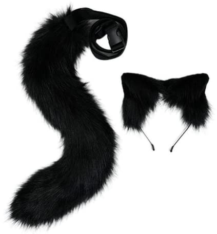 ansu Fox Dog Wolf Tier Cosplay Plüsch Pelzohren, Stirnband und Schwanz Kostüm Plüsch Schwanz Requisiten (schwarz)