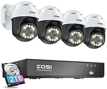 ZOSI 5MP PoE Überwachungskamera Set Aussen, 4X 355°/140° Schwenkbar IP Dome Kamera und 8CH 4K PoE NVR mit 2TB HDD, 2-Wege-Audio, Ton- und Lichtalarm