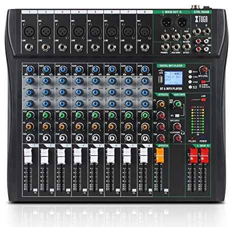 XTUGA CT80 8 Channel Audio Mixer for PC Recording Professional Sound Mixer Built-in Digital Effect Studio Mixer with 48V Phantom Power RCA Input Output MP3Bluetooth EQ