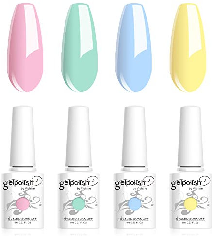 Vishine Vernis Semi Permanent 4 Couleurs 8ml, Crème Couleurs de Pastel Jaune Vert menthe Bleu Rose Lot Vernis à Ongles Gel UV LED Nail Polish Soak Off Manucure - C024