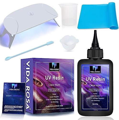 VIDA ROSA 100g Super Clear UV-Harz mit UV-Lampe, Silikonrührstab, Messbecher und Werkzeugen - ein schnelles Aushärtungs-UV-Harz-Set für Schmuckherstellung und beständig gegen Vergilbung