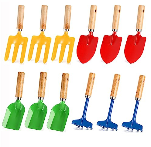 Nicunom 12 Pack Kids Gardening Tools, Metal Garden Tools Set Includes Shovel, Rake, Fork and Trowel, Garden Toys Beach Toys for Kids Outdoor Sand Toy Gift