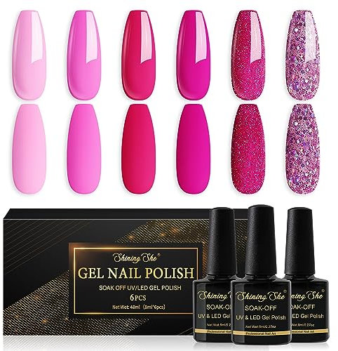 Shining She UV Nagellack,6 Farben Fuchsia Pink Rosa Gel Nagellack für Sommer, Gellack Rosa Soak-Off UV Gel Nail Polish Geeignet für Anfänger Kunst Salon DIY,8ML