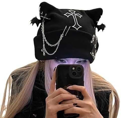 Y2K Gothic Grunge Cat Ear Bat Wing Black Beanie Hat Harajuku Punk Cross Chain Strickmütze Damen Chic Streetwear