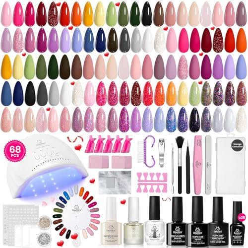 Beetles Kit de vernis à ongles gel avec lampe UV, 68 pièces rouge pailleté bleu classique 35 couleurs pour débutants tenues assorties vernis gel pour la maison toutes saisons