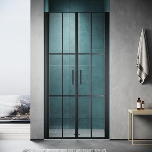 SONNI Duschtür 100x195CM 5mm gehärtetes Glas Doppelschiebetür Mattschwarzes Gitter Einseitige Nanobeschichtung Magnetische Dichtleiste