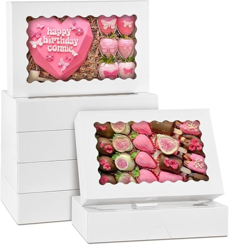 Sivaopa, 6er-Pack Bäckerei-Boxen mit Fenster, 30,5 x 20,3 x 6,3 cm, große weiße Keksbox, Leckerli-Boxen für Donuts, Schokolade überzogen, Erdbeeren, Gebäck (weiß)