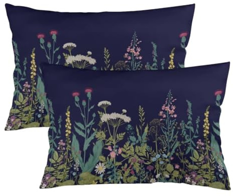 Floral Throw Pillow Cover Queen Size Set of 2 Sage Green Wild Flower Plant Vintage Florals Herbs and Botanical Lumbar Pillow Case Standard Pillow Cases with Zipper Cushion Covers for Bed,Sofa,20x30