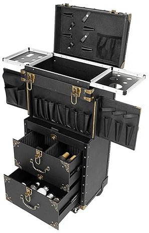 4-Tier Friseurkoffer Trolley Holz Friseurwagen Bedienungswagen Rollwagen Kosmetikkoffer Kosmetikwagen Arbeitswagen Schminkkoffer mit Zahlenschloss für Salon Trolley, Maniküre, Tätowierung, Schwarz