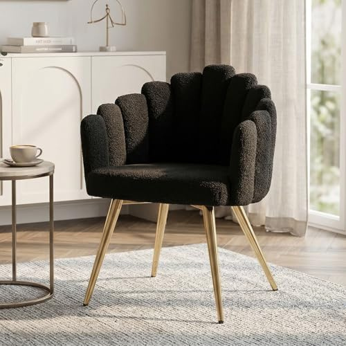 chairus Fåtölj, fuskpäls, loungestol för vardagsrum, stoppad sminkstol för sovrum, modern accentstol med metallben (svart)