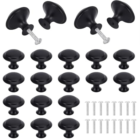 30mm Matted Black Cabinet Knobs, 16Pcs Black Cupboard Knobs for Wardrobes | Single Hole Round Drawer Pull Handle, Round Mushroom Drawer Knobs with 16Pcs Matching Screws for Kitchen Furniture