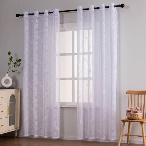 Gardinenschals mit Schlaufen Halbtransparent 140x245CM, Weiß Vorhänge 2er Set Jacquard mit Blätter Muster Nordisch Gardinen Polyester Lichtdurchlässig Schiebevorhänge Wohnzimmer Küche Kinderzimmer