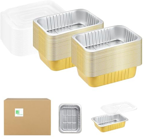 MESTAEK 9x 6.5 Sturdy Aluminum Foil Pans with Lids (50 Packs), 2X Thicker Heavy Duty for Oven Stove Grill Microwavable Cooking, Baking, Reusable Dishwasherable Disposable Foil Pan, 47oz