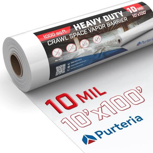 Purteria Crawl Space Vapor Barrier, 10 Mil 10' x 100', White Vapor Barrier, Thick Plastic Sheeting, Heavy Duty Polyethylene Film, Drop Cloth Covering for Crawlspace, Basement