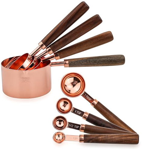 Measuring Cups and Spoons Set - Rose Gold Stainless Steel Measuring Cups with Wooden Handle - Metal Cup Set for Cooking Baking - Set of 8 pcs